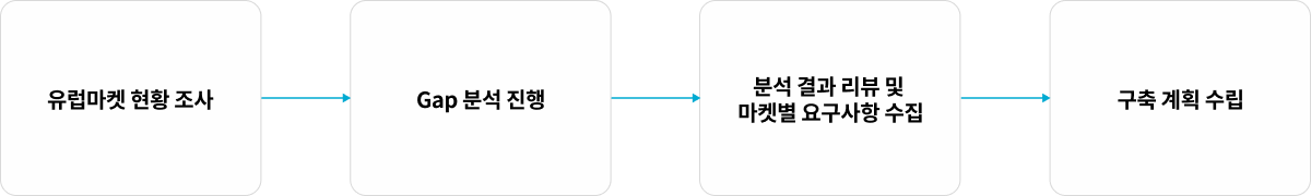 프로젝트 프로세스: 유럽마켓 현황 조사 → Gap 분석 진행 → 분석 결과 리뷰 및 마켓별 요구사항 수집 → 구축 계획 수립