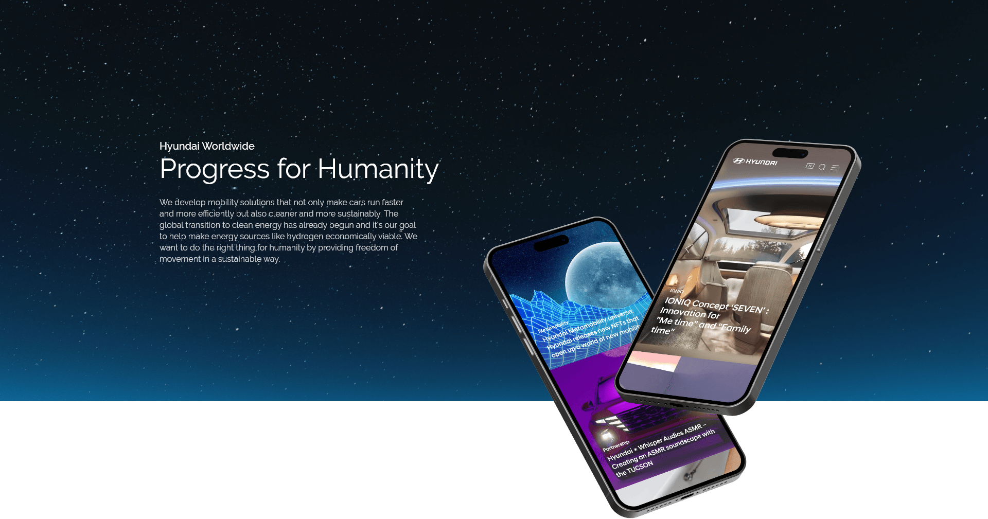 현대 월드와이드 글로벌 브랜드 사이트 — Progress for Humanity 문구와 모바일 화면