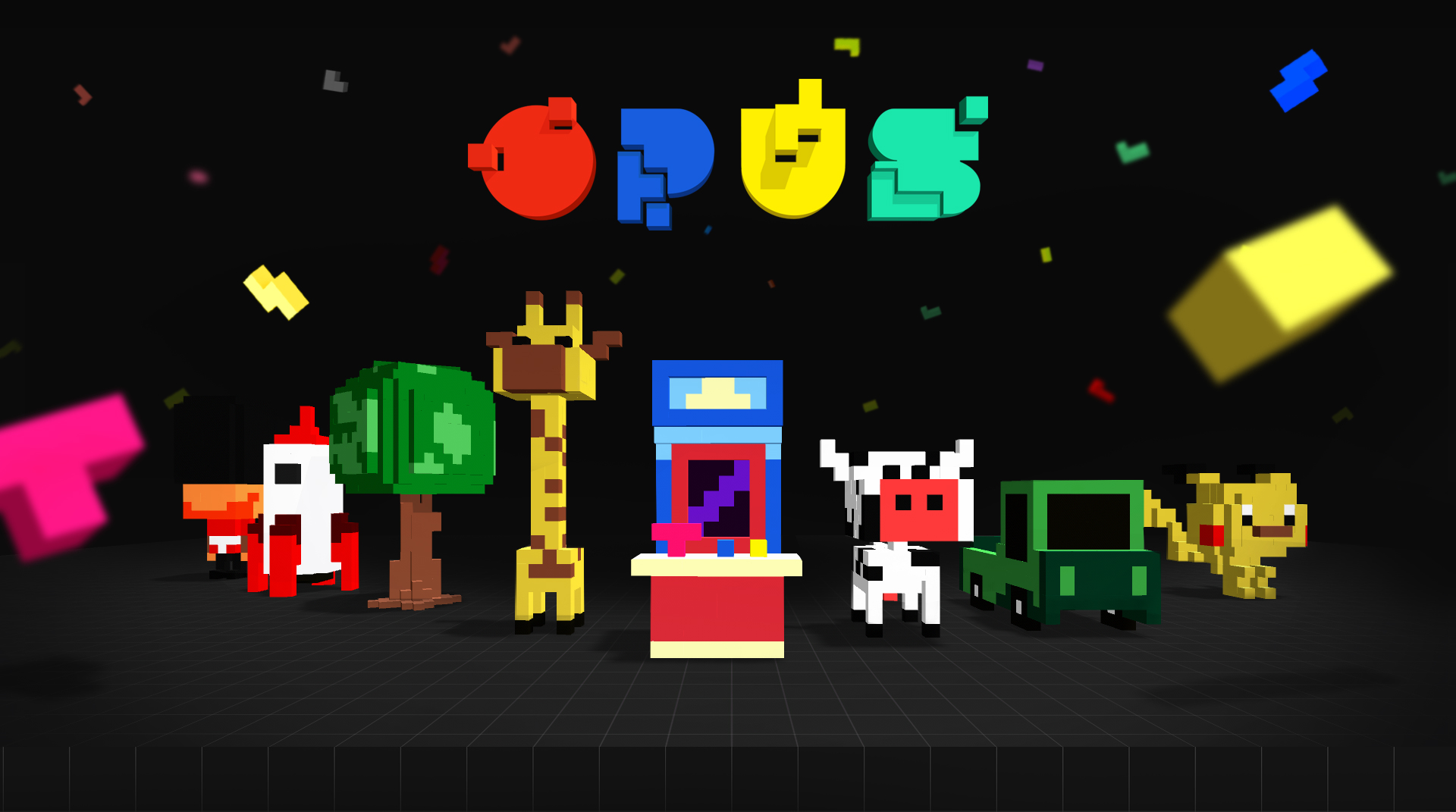 Opus VR 블록 게임 — Opus 로고와 블록 캐릭터들