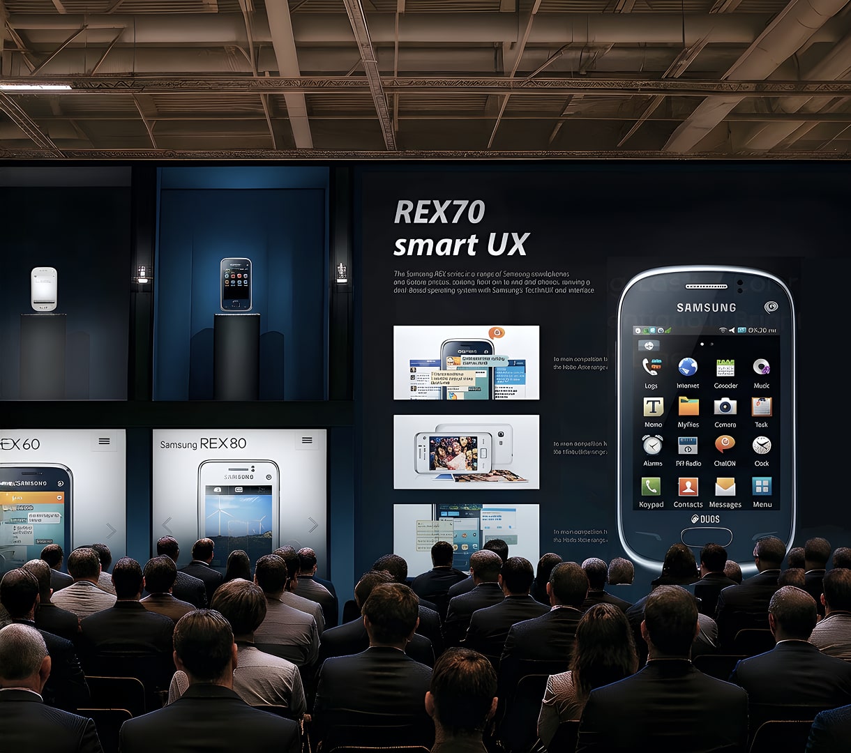 삼성 Rex 글로벌 캠페인 — 발표장 스크린에 띄운 REX70 smart UX 화면