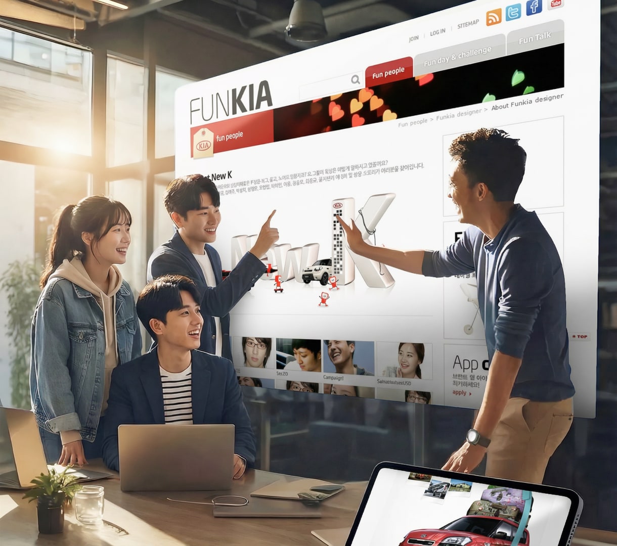 기아 FUNKIA 브랜드 커뮤니티 — 화면 앞에서 논의하는 사람들
