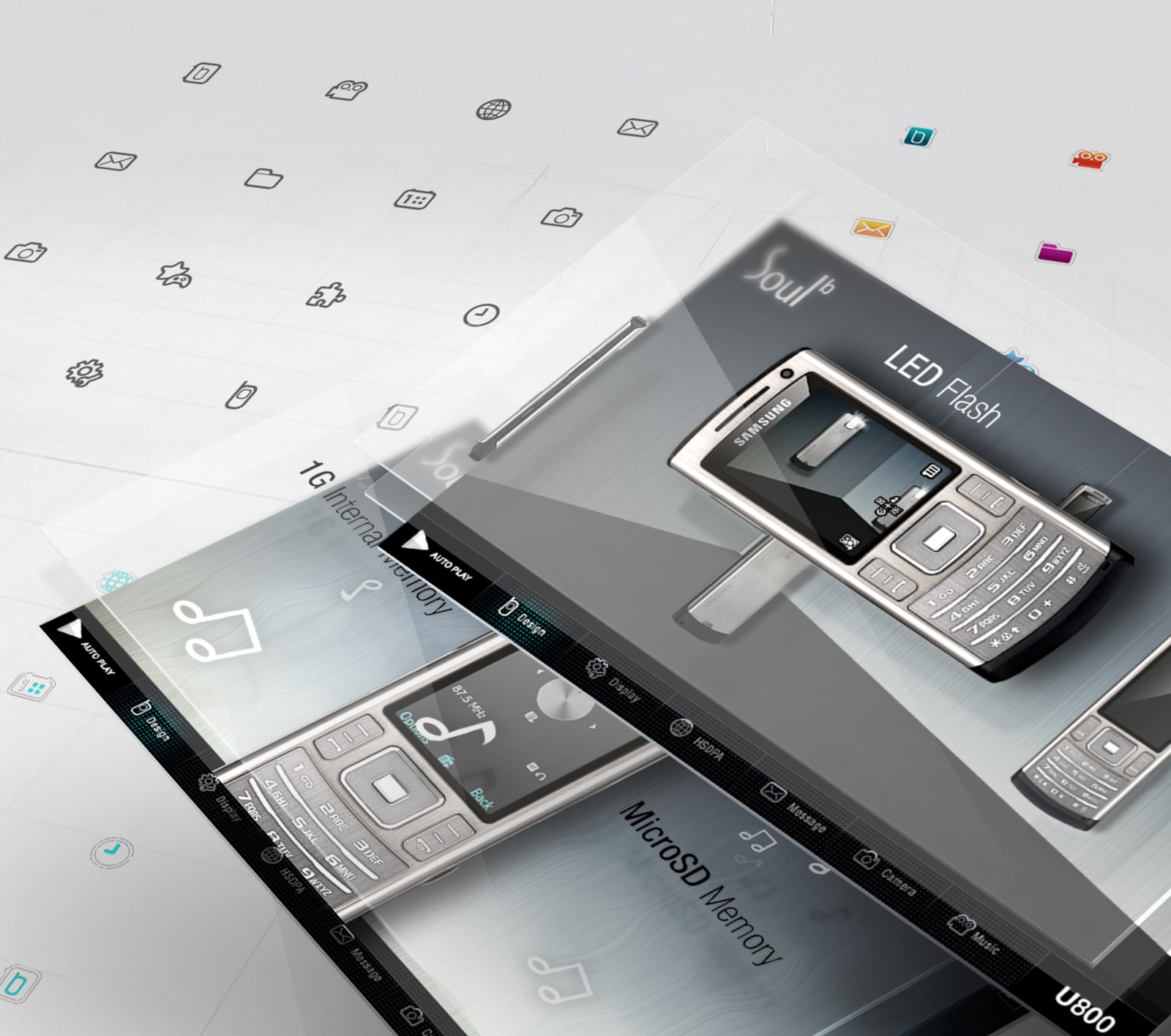 삼성 U800·L700 제품 하이라이트 영상 — 은색 휴대폰 제품 3D 이미지