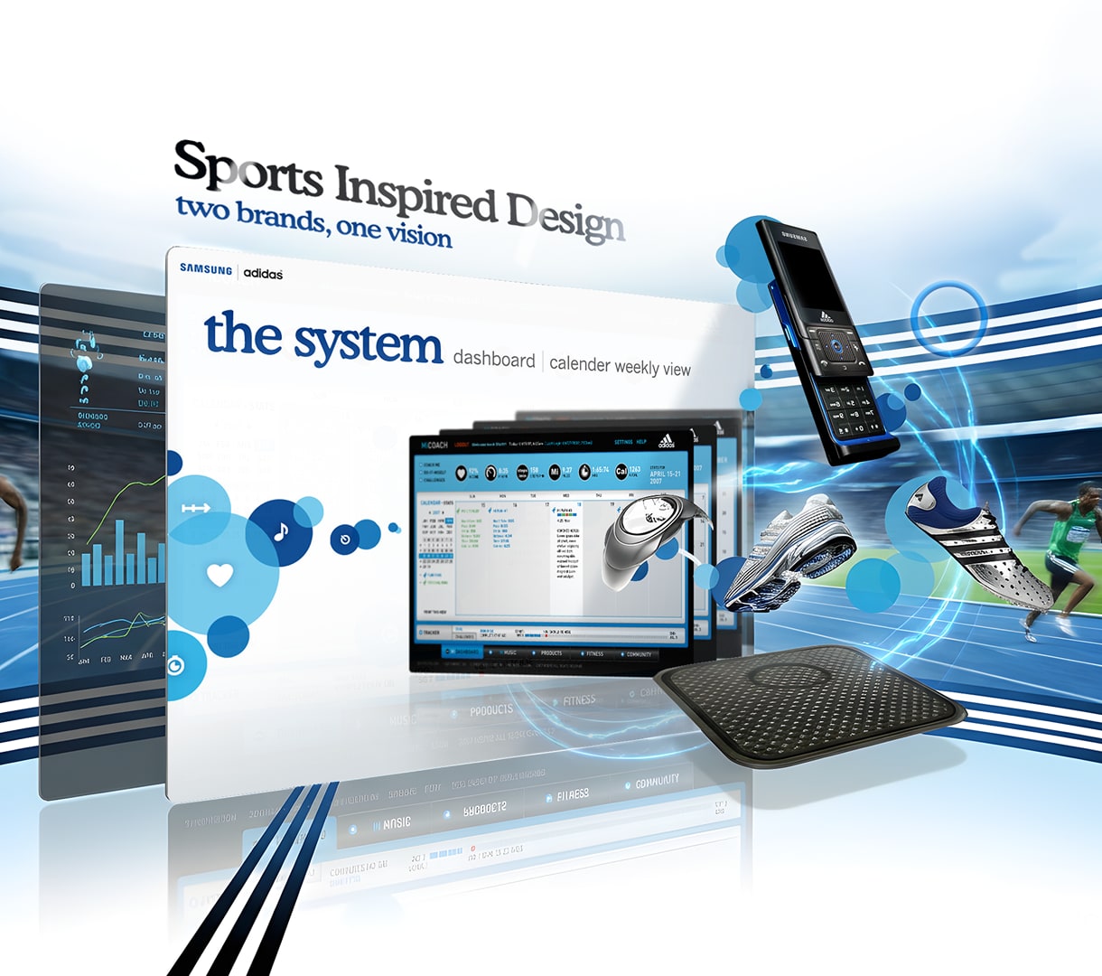 삼성·아디다스 miCoach 전시 영상·플랫폼 — Sports Inspired Design 문구와 제품 화면