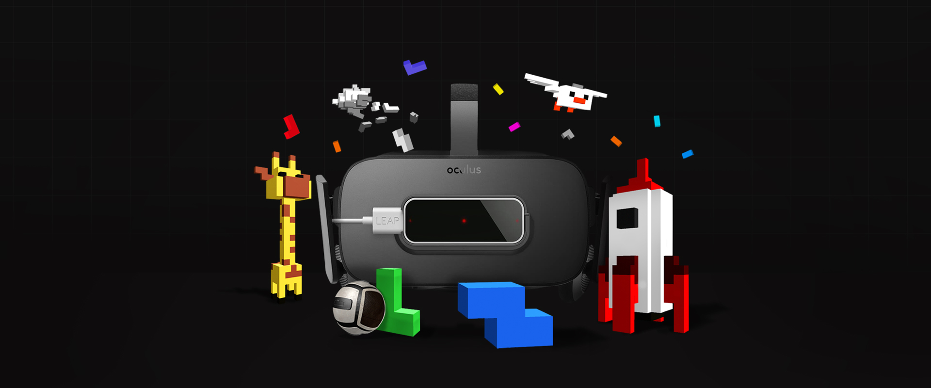 Opus VR 블록 게임 — VR 헤드셋과 블록 캐릭터가 놓인 게임 화면