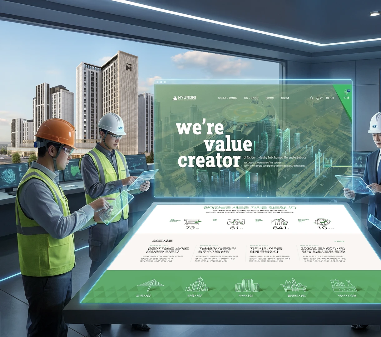 현대건설 웹사이트 화면 ‘we’re value creator’를 보는 안전모 차림의 직원들